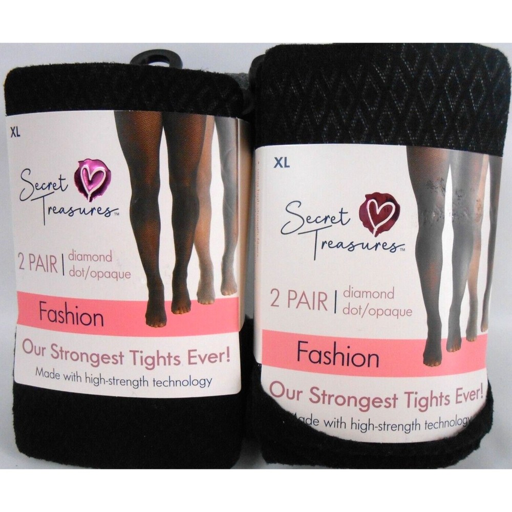 2x Secret Treasures Women's Black Diamond Dot & Gray Opaque 2 Pack Tights XL New